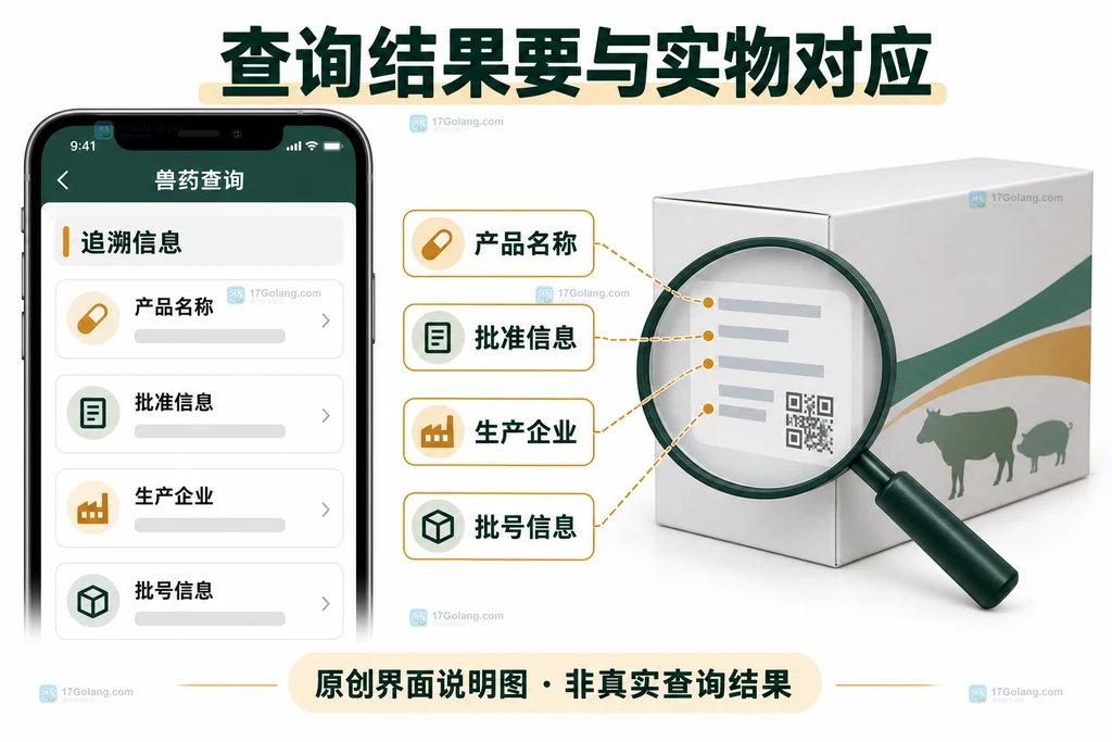 兽药查询界面字段与实际包装标签对应的原创示意