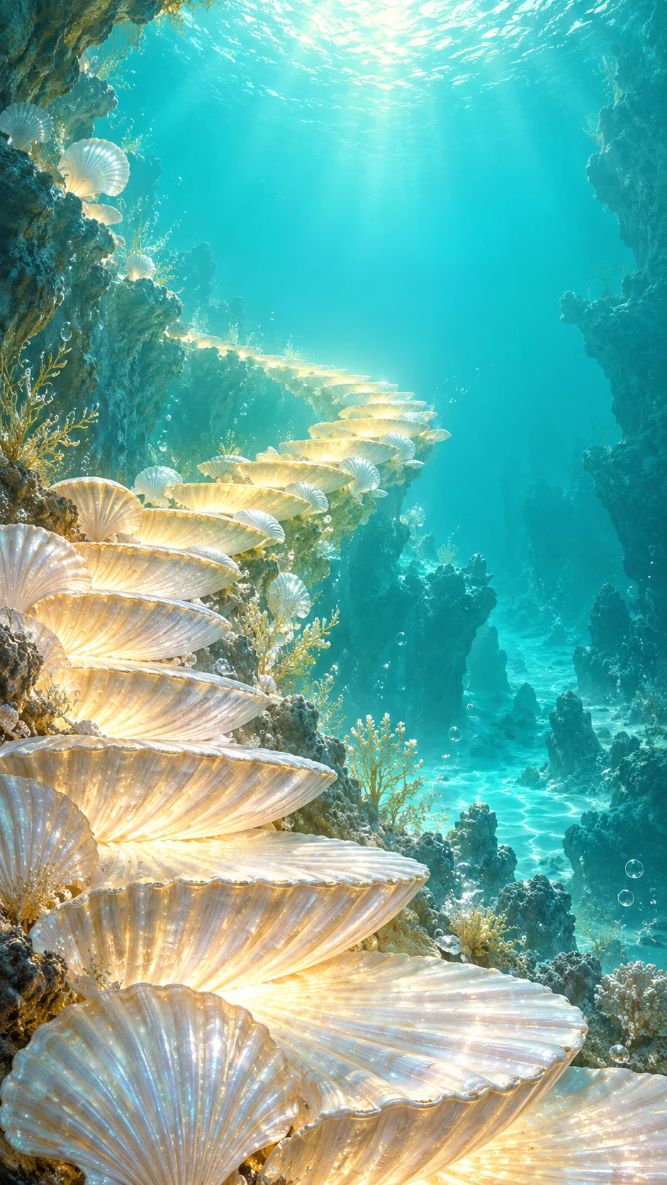 暖珍珠光与青绿色水体中的白色扇贝阶梯原创手机壁纸变体示意图