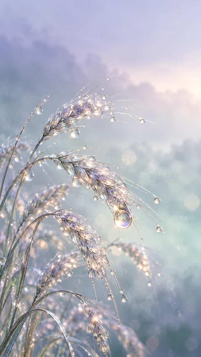 手机壁纸提示词：雨滴压弯的透明水晶麦穗