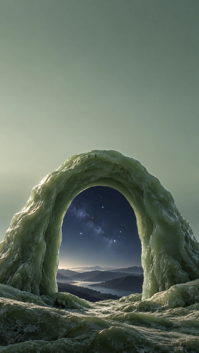 手机壁纸提示词：鼠尾草绿蜡质拱门围住一小片星空