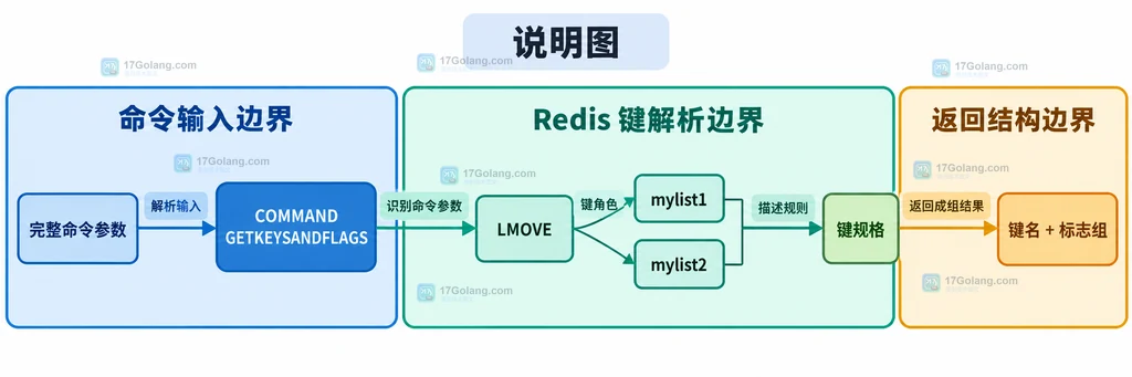 Redis COMMAND GETKEYSANDFLAGS 将完整命令拆成键节点与访问标志节点的静态结构图