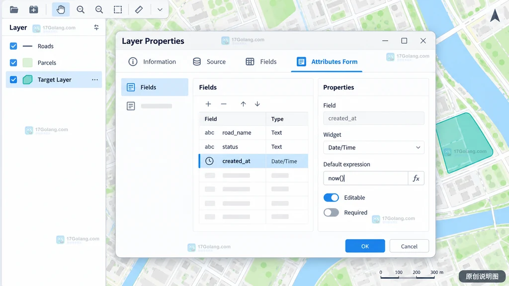 原创 GIS 界面说明图：从 Layers 面板进入 Layer Properties 的 Attributes Form 和 Fields 设置
