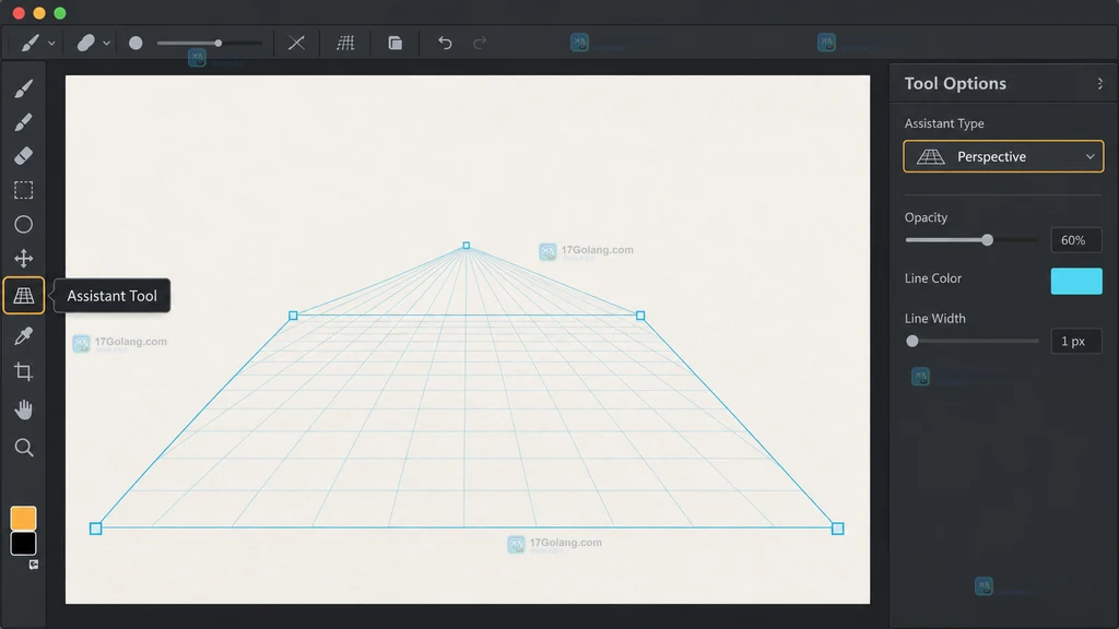 Krita 原创界面说明图,展示 Assistant Tool、Tool Options 和 Perspective 入口
