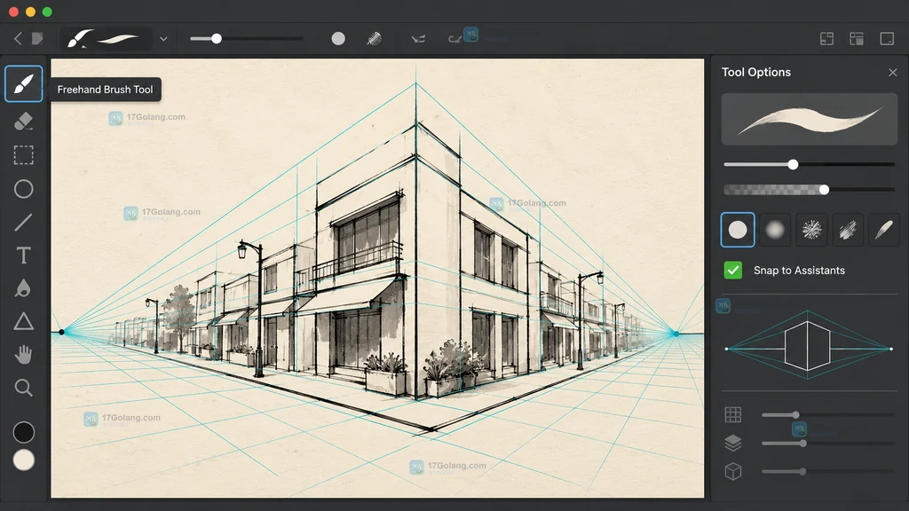 Krita 原创界面说明图,展示 Freehand Brush Tool 开启 Snap to Assistants 后沿透视网格落笔