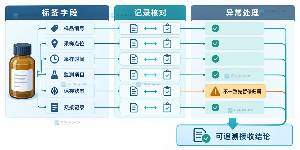 水质样品标签字段、现场记录核对、异常处理和可追溯接收结论之间关系的原创说明图