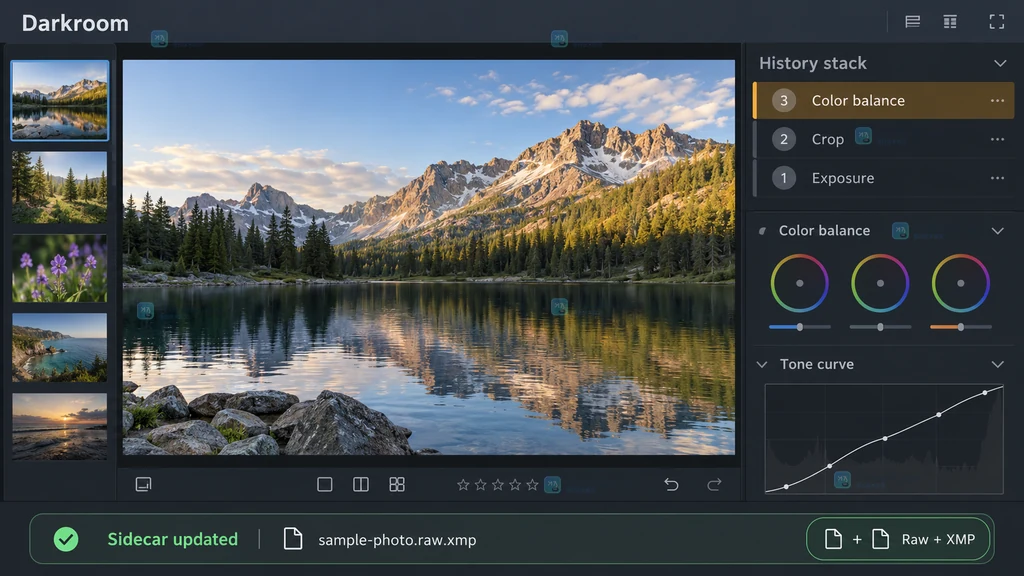 darktable 暗房历史栈和 XMP 边车已更新的结果说明图