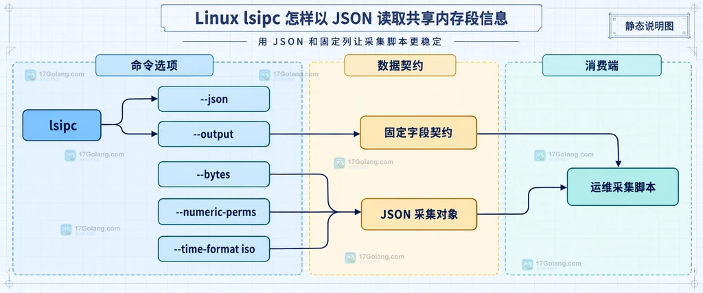 lsipc JSON 输出选项与固定字段契约和运维采集脚本之间的静态关系图