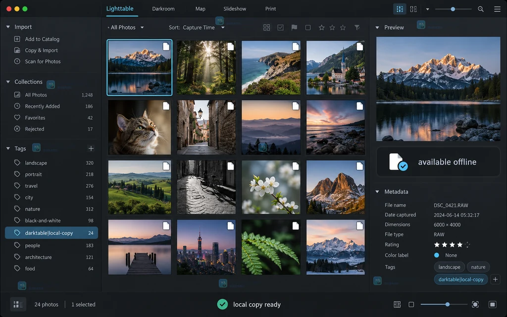 darktable 本地副本白色标记与 local-copy 标签的结果示意图