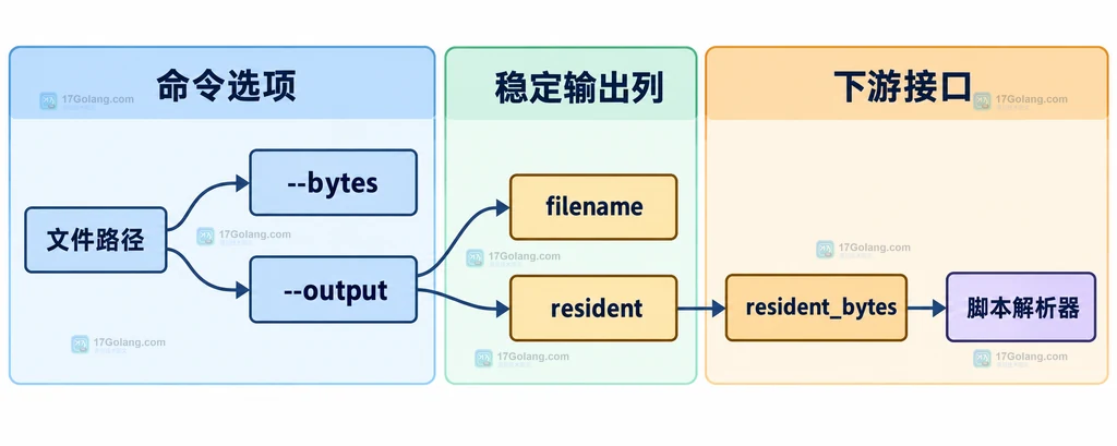 fincore 的输出列、单位开关与脚本解析边界静态结构图
