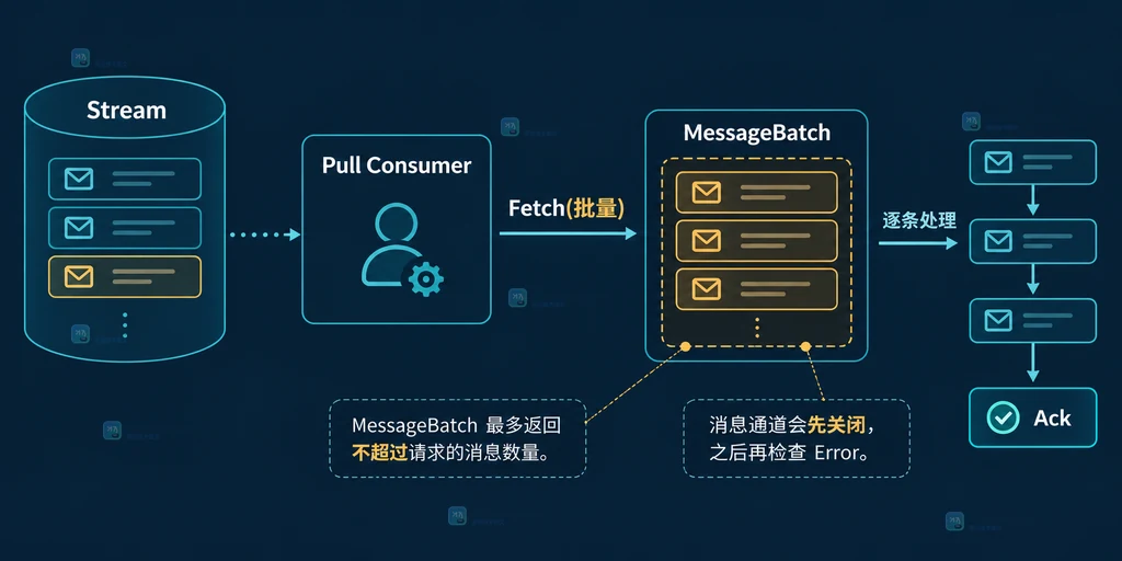 JetStream Messages 与 Consume 复用客户端缓冲并由 Stop 或 Drain 结束的静态关系图