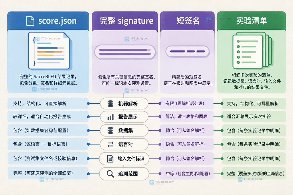 SacreBLEU 完整 JSON、短签名与实验清单三种归档方式的静态对比说明图