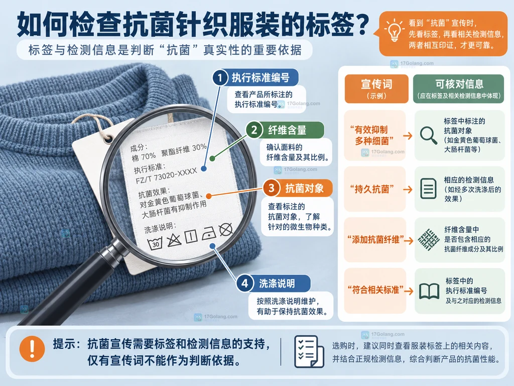 抗菌针织品吊牌检查清单,包含执行标准编号纤维含量抗菌对象和洗涤说明