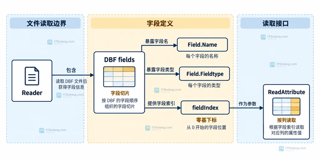 Go go-shp Reader、DBF fields、Field.Name、Field.Fieldtype、零基 fieldIndex 与 ReadAttribute 的静态结构说明图