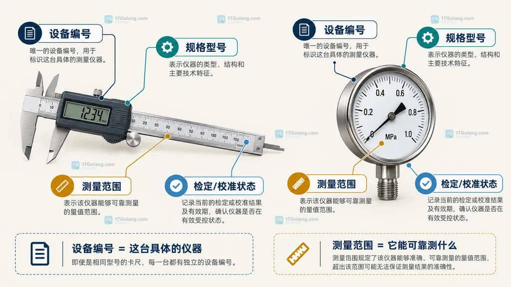 计量器具台账中设备编号、规格型号、测量范围和检定校准状态的关系说明图