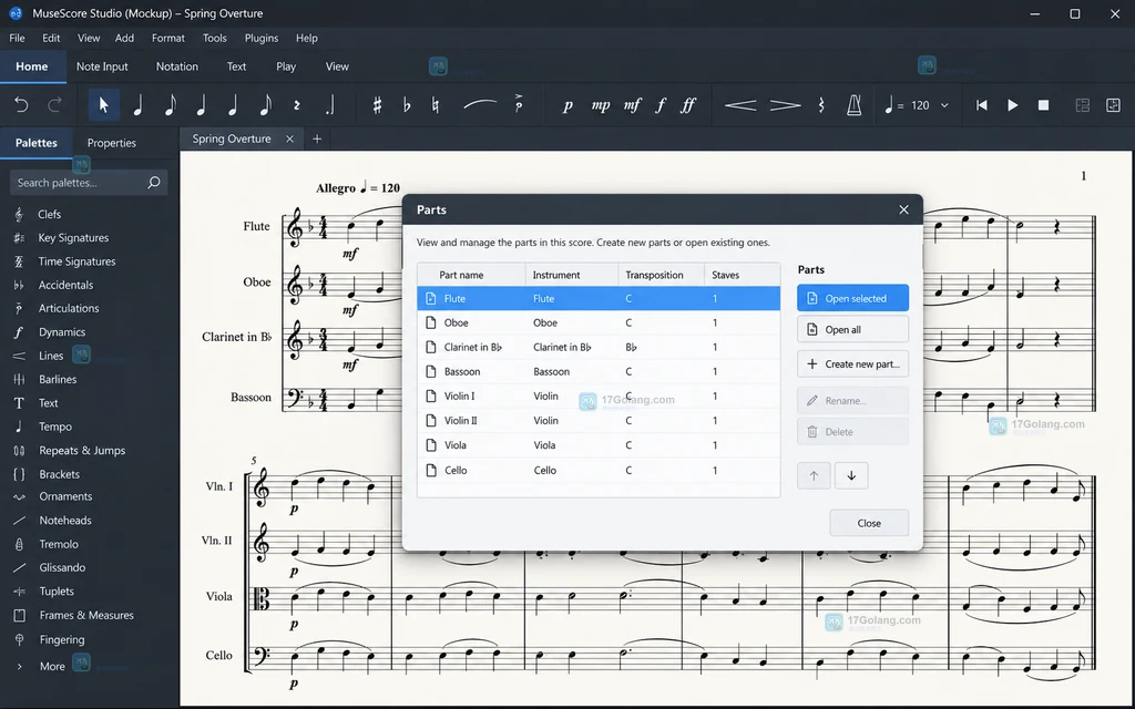 MuseScore Studio 风格的 Parts 对话框，列出多个乐器并选中一个声部