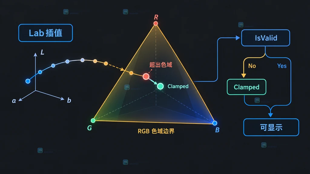 RGB插值与Lab插值的颜色路径对比示意图