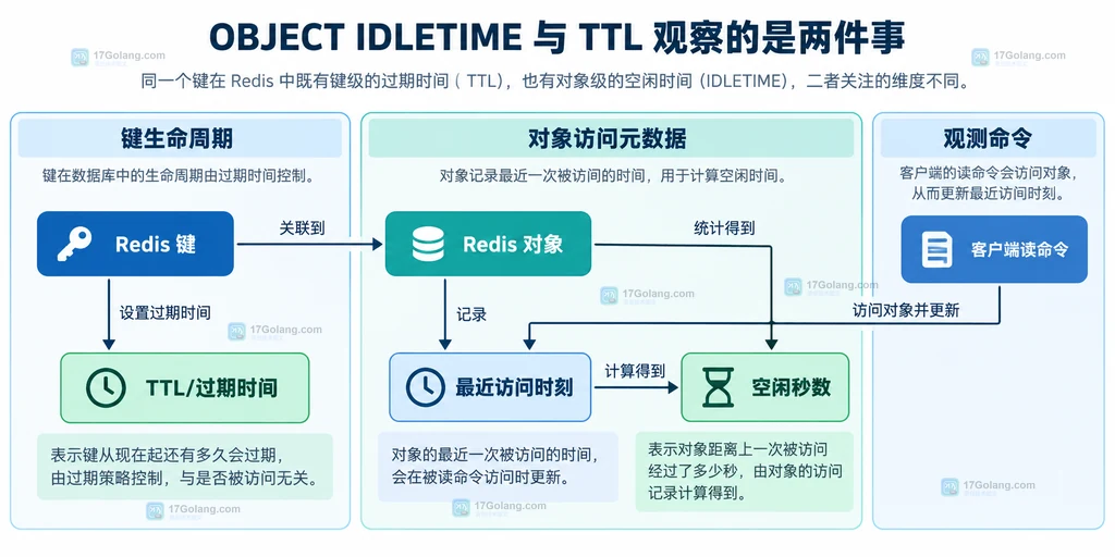 Redis 业务键、对象、OBJECT IDLETIME、TTL/PTTL、OBJECT ENCODING 与过期策略的静态关系说明图