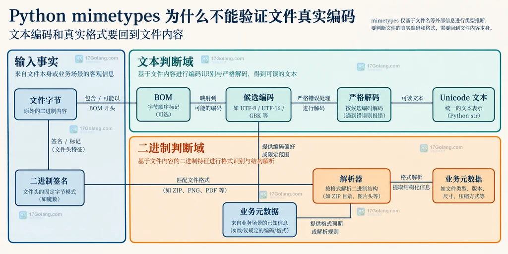 文件字节分出 BOM、文本候选编码与二进制签名，严格解码得到 Unicode 文本，解析器得到真实格式的静态关系图