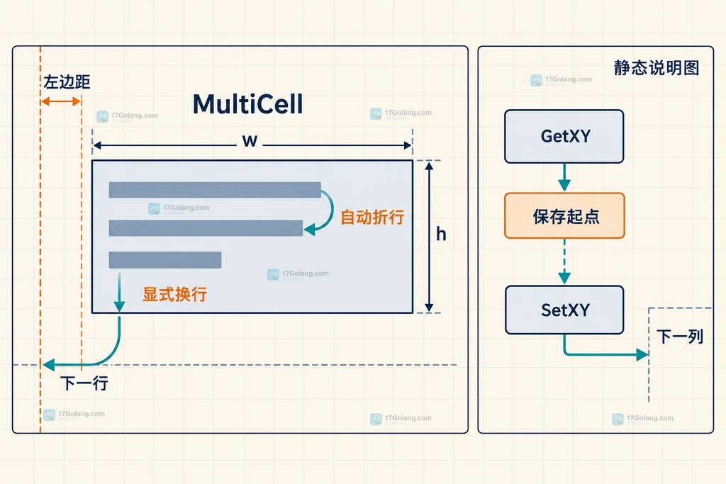 gofpdf MultiCell 折行后回到左边距并进入下一行的静态结构图