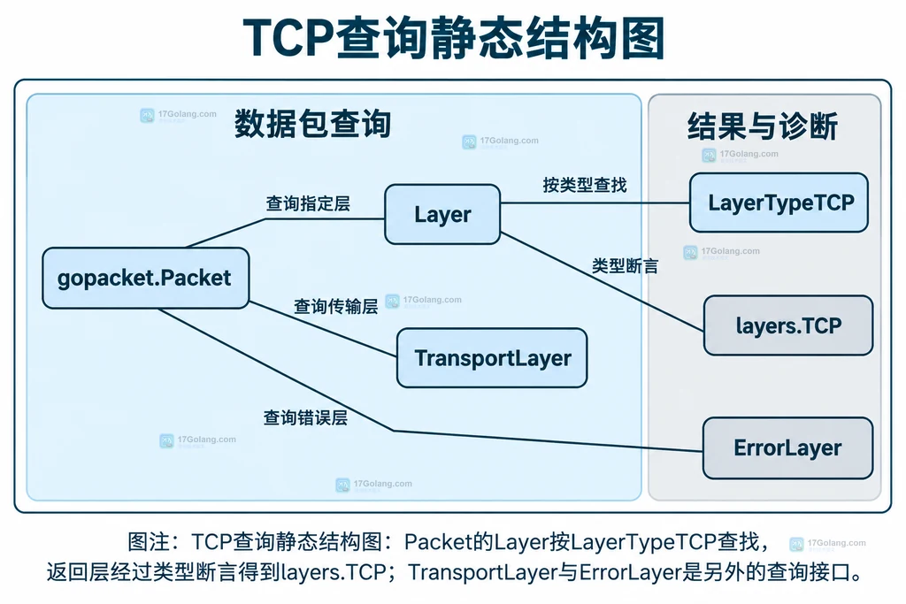 TCP查询静态结构图：Packet的Layer按LayerTypeTCP查找，返回层经过类型断言得到layers.TCP；TransportLayer与ErrorLayer是另外的查询接口。