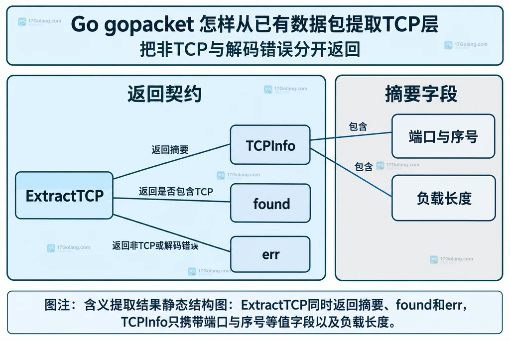 提取结果静态结构图：ExtractTCP同时返回摘要、found和err，TCPInfo只携带端口与序号等值字段以及负载长度。