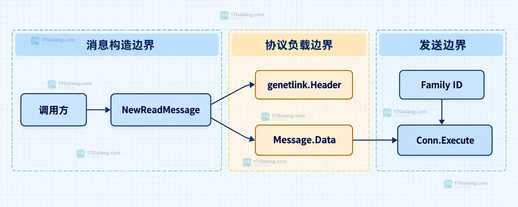 Go genetlink 只读查询的 API 契约图,展示 ResolveFamily、NewReadMessage、Execute 和回复解码边界