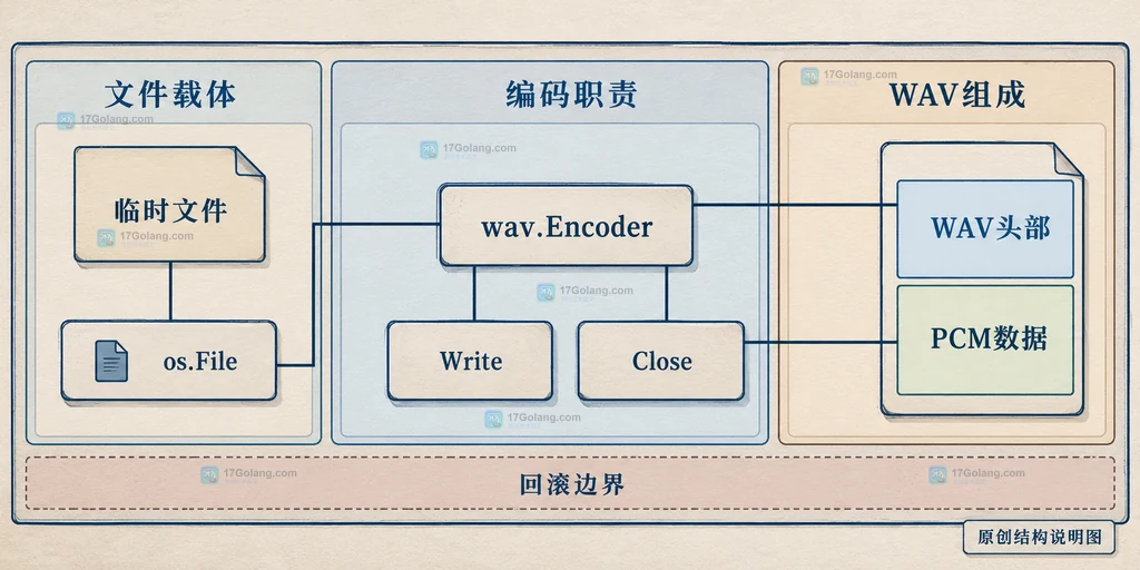 os.File、wav.Encoder、Write、Close 与 WAV 头部的静态职责边界