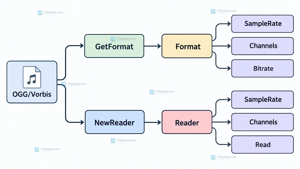 Go oggvorbis 的 OGG/Vorbis 输入、GetFormat、Format 字段与 Reader API 关系说明图