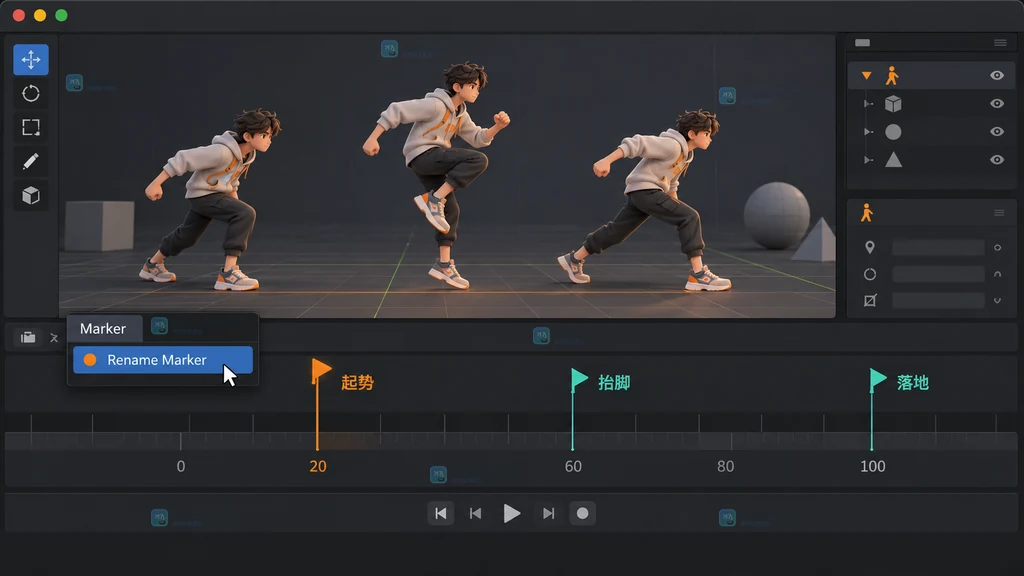Blender 原创界面说明图:Timeline 的 View 菜单与 Show Markers 开关,播放头定位到目标帧