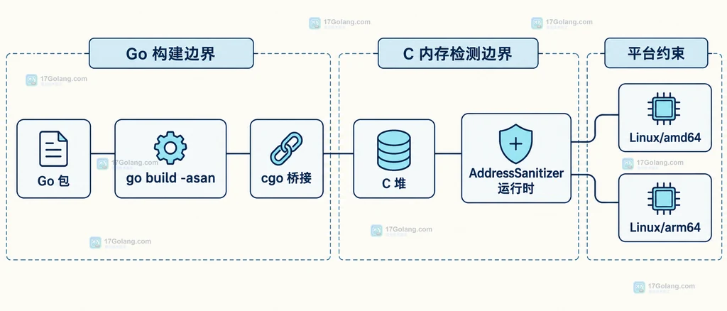 Go 包、cgo 桥接、C 堆和 AddressSanitizer 运行时的静态关系说明图