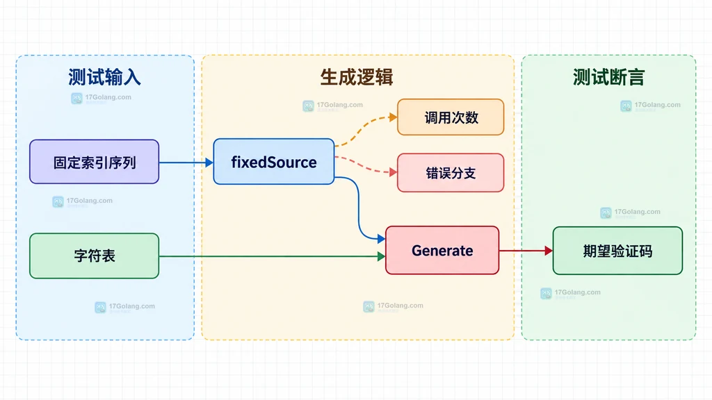 Go 固定序列测试替身、字符索引、期望验证码和错误分支的静态关系说明图