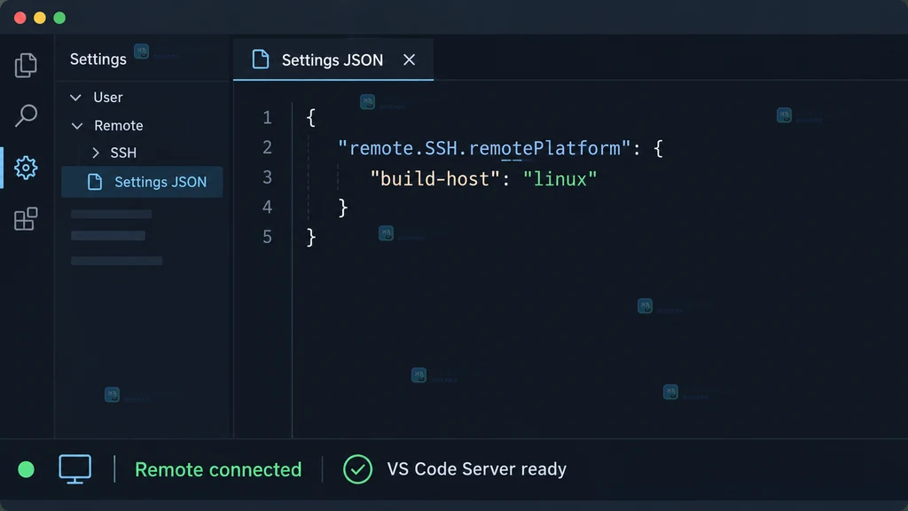 VS Code Remote SSH 说明图:Remote Explorer 的 SSH Targets 列出 build-host,平台选择对话框选中 Linux