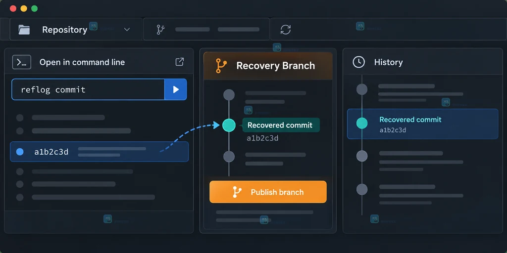 原创 Git 客户端界面说明图,展示 Changes、Stashed Changes 与 History 三个恢复判断入口