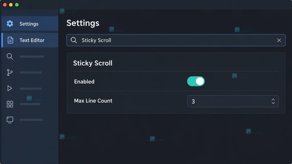 VS Code 风格设置编辑器中搜索 Sticky Scroll 并显示 Enabled 与 Max Line Count 的原创界面说明图