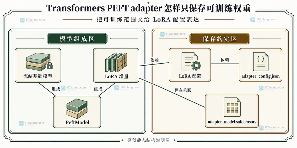 LoRA 配置、冻结基础模型和适配器导出之间的静态关系