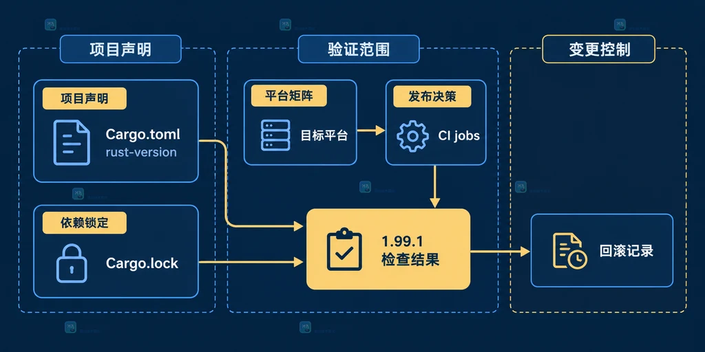 Rust 1.99.1 升级前版本基线、rustup 选择器、项目工具链文件、rustc、Cargo 和 CI runner 的静态关系说明图
