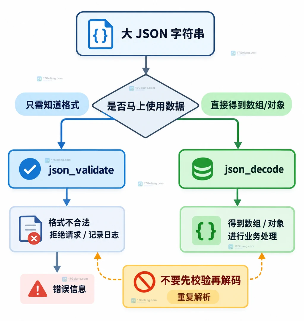 PHP 大 JSON 在只需格式结论与需要业务数据两种场景下的处理路径说明图