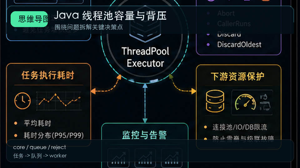 Java 线程池调优：核心线程、队列长度与背压策略 思维导图