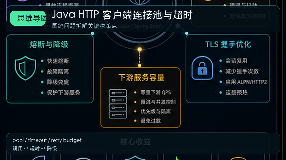 Java HTTP 客户端性能优化：连接复用、超时和重试边界 思维导图