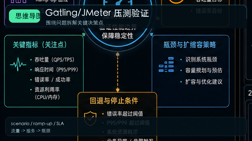Spring Boot 压测验证：Gatling、JMeter 与性能回归门禁 思维导图